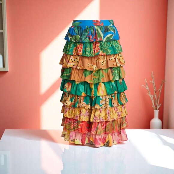 Farm Rio Mixed Prints Multi Layered Midi Skirt Size Medium - Picture 4 of 16